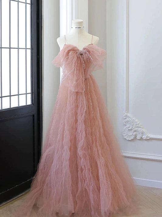 Robe de bal élégante et chic, coupe trapèze, bretelles spaghetti, tulle rose, perles, sans manches, H2888