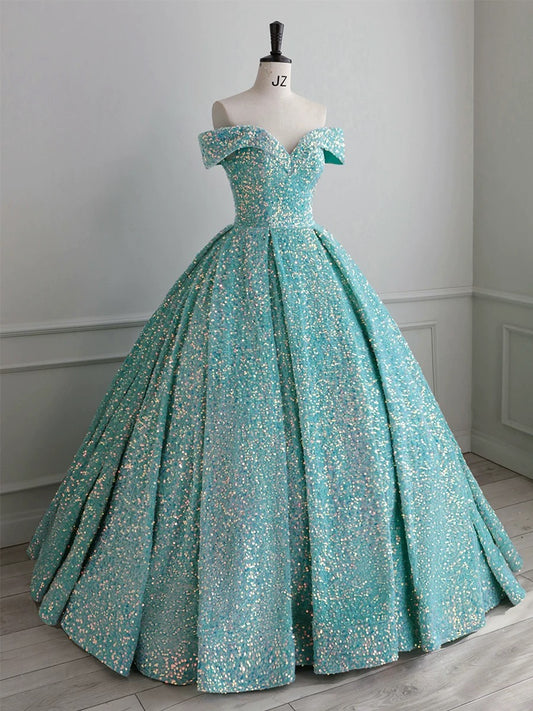 Classy Ball Gown Off The Shoulder Blue Sequin Evening Dress Long Prom Dresses H2889