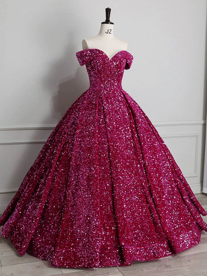 Classy Ball Gown Off The Shoulder Blue Sequin Evening Dress Long Prom Dresses H2889