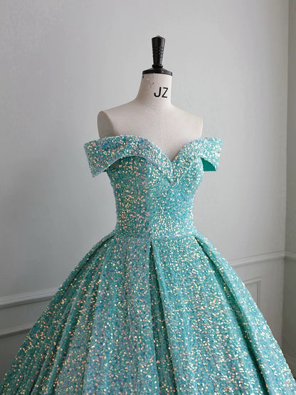 Classy Ball Gown Off The Shoulder Blue Sequin Evening Dress Long Prom Dresses H2889