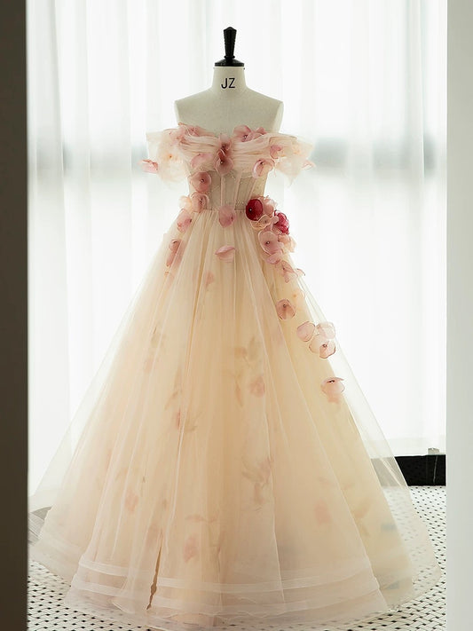 Robe de bal élégante et chic, coupe trapèze, épaules dénudées, en tulle rose, manches courtes, H2890