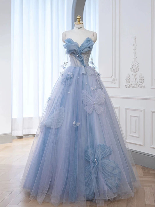 Robe de bal élégante et chic, décolleté en cœur, en tulle bleu, à fleurs, H2891