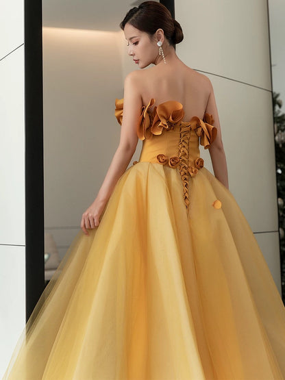 Classy Elegant Ball Gown Strapless Yellow Sleeveless Tulle Long Prom Dresses H2893