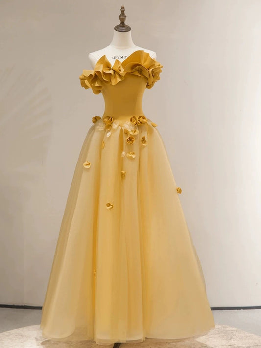Robe de bal élégante et chic, sans bretelles, jaune, sans manches, en tulle, longue, H2893