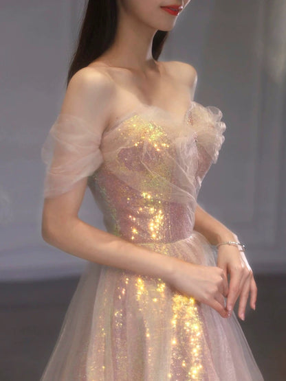 Classy Elegant Ball Gown Off The Shoulder Pink Short Sleeves Tulle Long Prom Dresses H2894