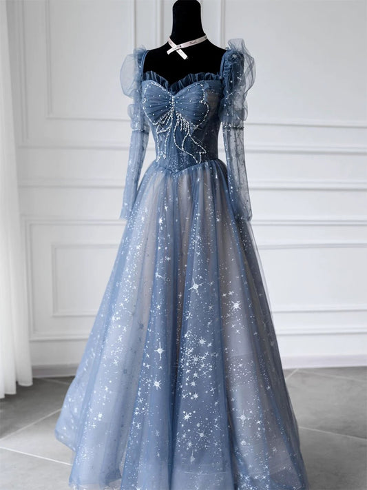 Classy A Line Sweetheart Long Sleeves Blue Sequin Evening Dress Long Prom Dresses H2896