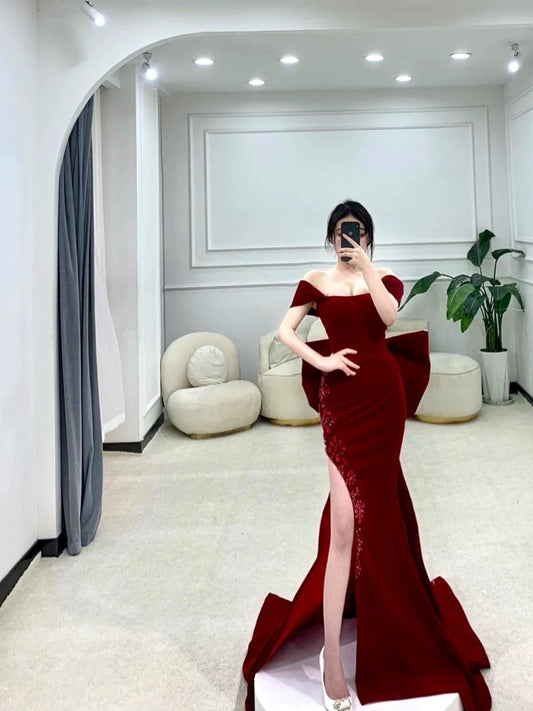Classy Mermaid Off The Shoulder Satin Burgundy Short Sleeves Evening Dress Long Prom Dresses H2897