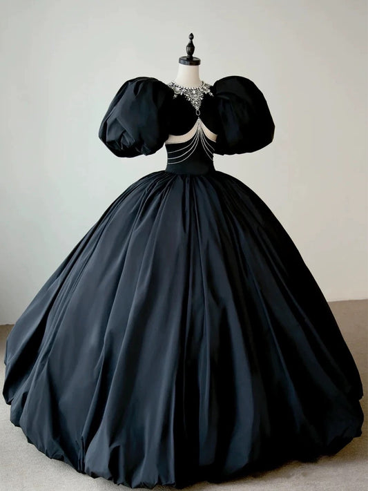 Robe de bal élégante et chic, manches courtes, perles, satin noir, longue, H2899