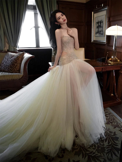 Classy Mermaid Sweetheart Long Tulle Beads Sequin Evening Dress Long Prom Dresses H2900