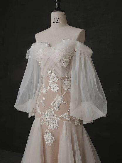 Robe de mariée élégante sirène à épaules dénudées et manches longues en dentelle blanche H2901