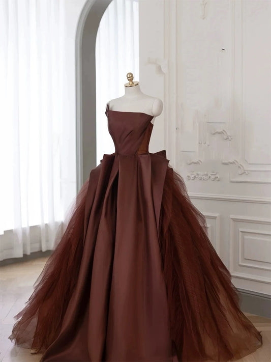 Robe de bal élégante et chic, sans bretelles, en tulle marron, longue, sans manches, H2904