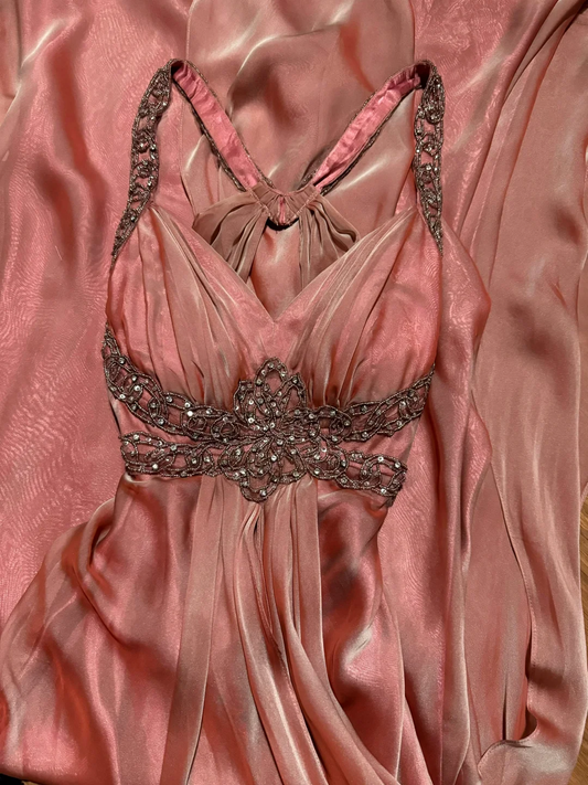 Robe de soirée longue élégante à col licou et perles roses, coupe trapèze, H2956