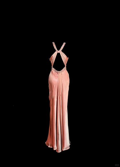 Robe de soirée longue élégante à col licou et perles roses, coupe trapèze, H2956
