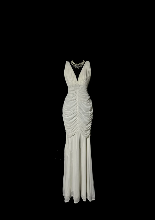 Classy Mermaid V Neckline Chiffon White Beads Long Evening Dress Prom Dresses H2965