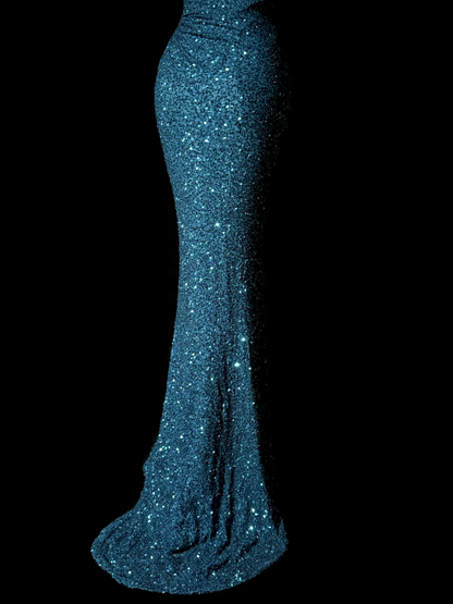 Classy Mermaid One Shoulder Blue Sequin Beads Long Evening Dress Prom Dresses H2966