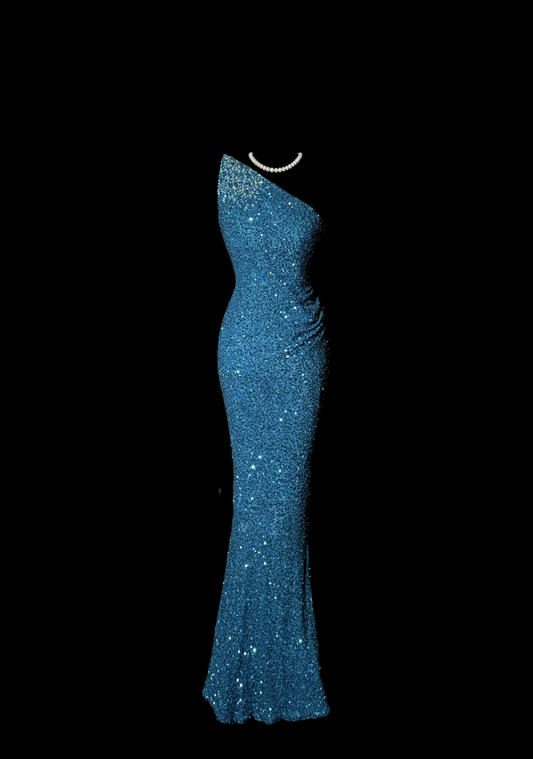 Classy Mermaid One Shoulder Blue Sequin Beads Long Evening Dress Prom Dresses H2966