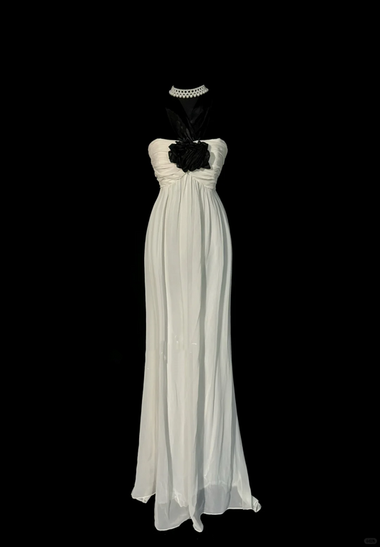 Robe de bal longue en mousseline blanche, élégante et chic, coupe trapèze, dos nu, sans manches, H2968