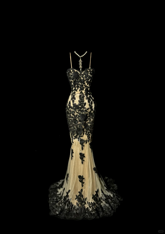 Vintage Classy Mermaid Spaghetti Straps Champagne Tulle Lace Long Evening Dress Prom Dresses H2972