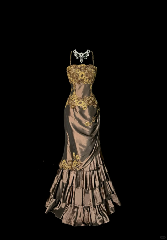 Robe de bal longue, élégante et chic, style sirène, bretelles spaghetti, marron, sans manches, H2973