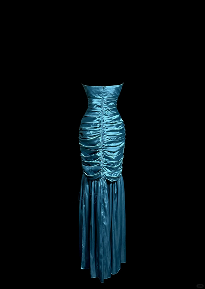 Vintage Classy Mermaid Strapless Blue Satin Sleeveless Pleated Long Evening Dress Prom Dresses H2978
