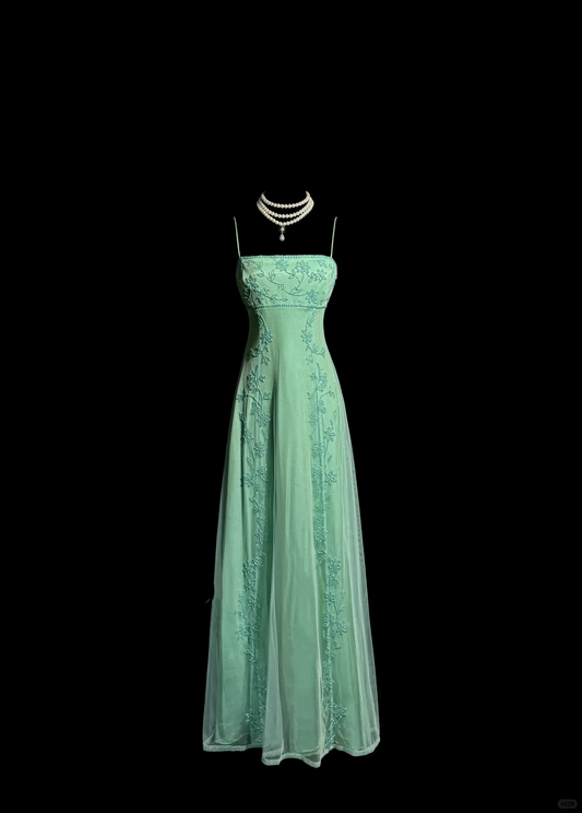 Robe de bal élégante et chic en mousseline de soie, coupe trapèze, bretelles spaghetti, perles bleues, sans manches, H2980