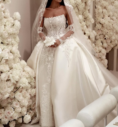 Modest Wedding Dress Ball Gown Strapless White Satin Long Wedding Dresses Brides Dress Bridal Gowns W0104