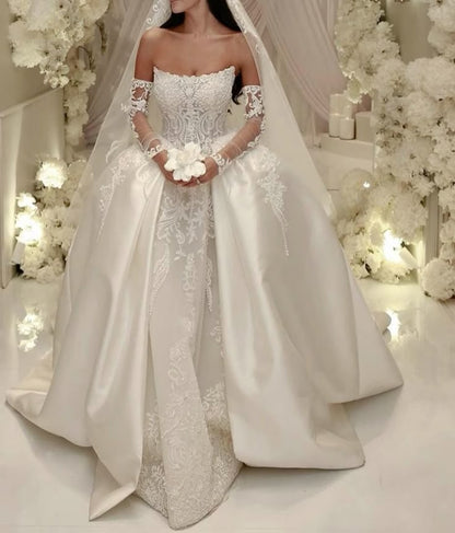 Modest Wedding Dress Ball Gown Strapless White Satin Long Wedding Dresses Brides Dress Bridal Gowns W0104
