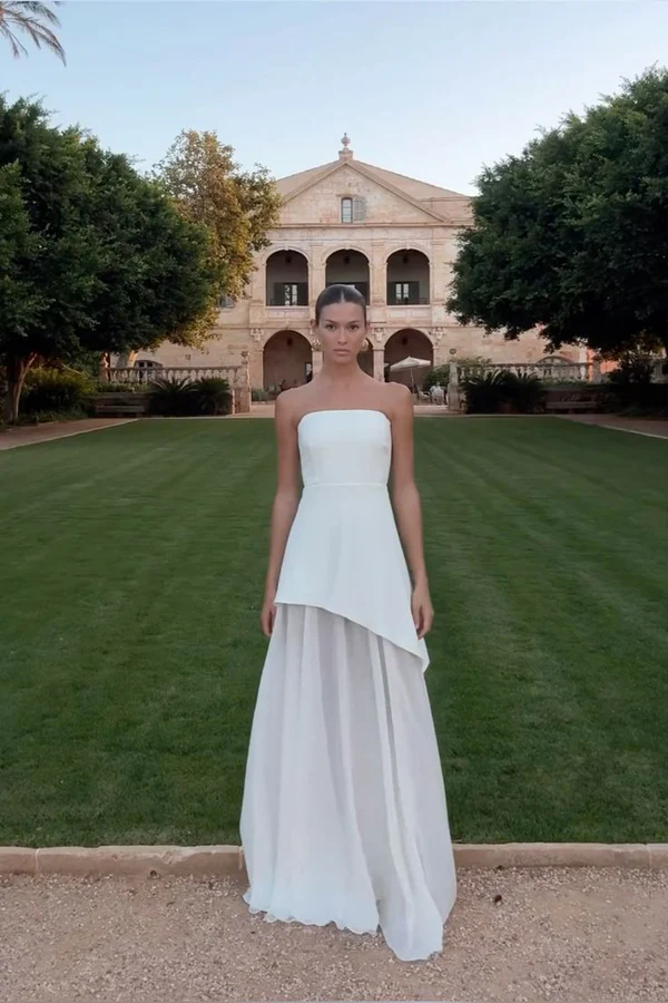 Simple Wedding Dress A line Strapless Chiffon Summer Beach White Split Wedding Dresses Bridal Gowns W0115