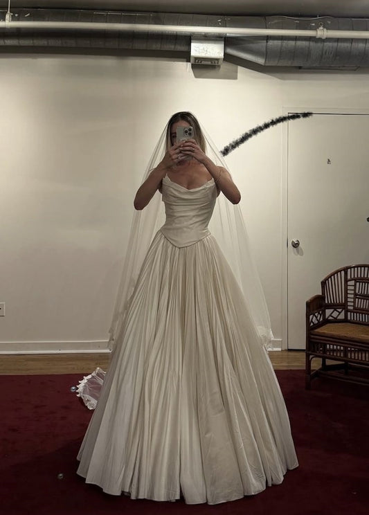 Robe de mariée modeste, robe de bal, bustier, longue, en satin blanc, robe de mariée, W0121