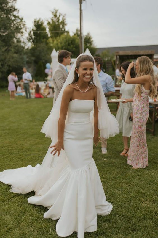 Dreamy Wedding Dress Mermaid Strapless White Satin Summer Long Wedding Dresses Bridal Gowns W0133