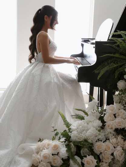 Rustic Wedding Dress Ball Gown Square Neck White Pearls Tulle Long Wedding Dresses Summer Brides Dress Bridal Gowns W0146