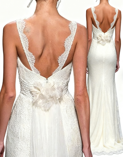 Pretty Wedding Dress Mermaid V Neck Lace Summer White Wedding Dresses Bridal Gowns W0150