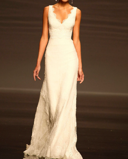 Pretty Wedding Dress Mermaid V Neck Lace Summer White Wedding Dresses Bridal Gowns W0150