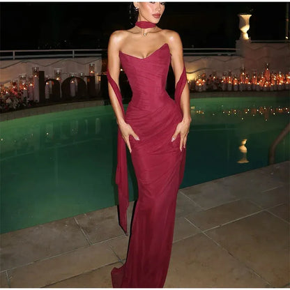 Robe de bal sirène sexy en mousseline de soie, décolleté en cœur, tenue d'invitée de mariage d'été formelle, W0165