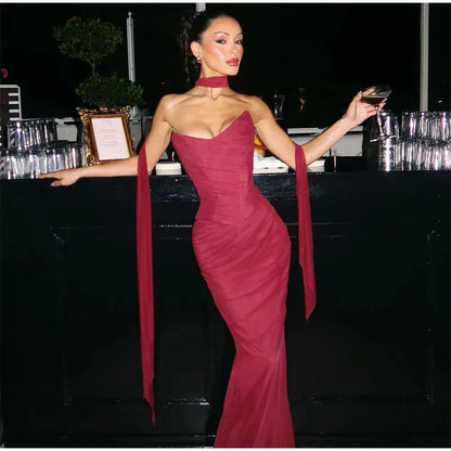 Robe de bal sirène sexy en mousseline de soie, décolleté en cœur, tenue d'invitée de mariage d'été formelle, W0165