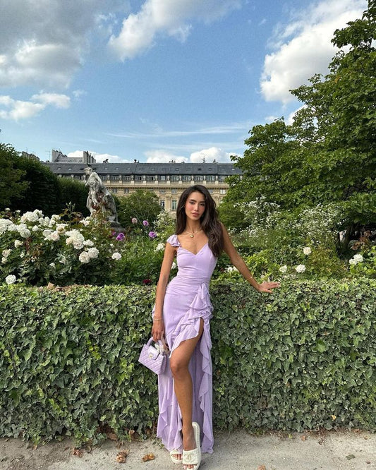 Sexy Etuikleid Chiffon Lila Lange Ballkleider Formale Sommerkleider für Hochzeitsgäste Hochzeitsgast-Outfit W0168