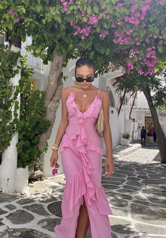 Sexy Etuikleid Spaghettiträger Rosa Chiffon Lange Ballkleider Formale Sommerkleider für Hochzeitsgäste Hochzeitsgast-Outfit W0169