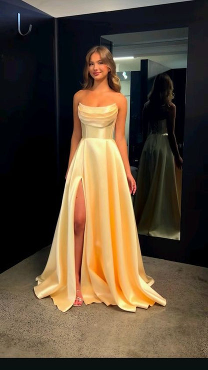 Modest A line Strapless Yellow Slit Satin 20th Birthday Dress Prom Dress 18th Birthday Outfits For Women W0170