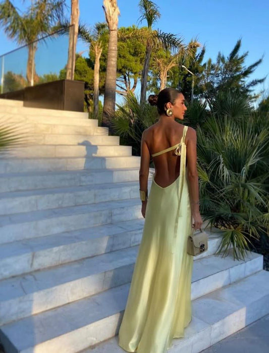Sexy A-Linie One Shoulder Gelb Rückenfreies Langes Ballkleid Formale Sommerkleider für Hochzeitsgäste Hochzeitsgast-Outfit W0172