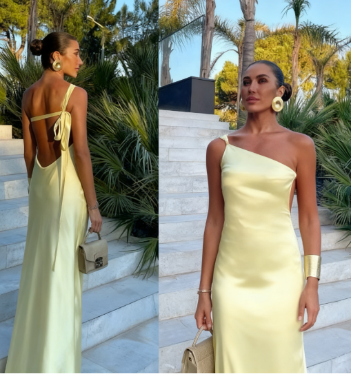Sexy A line One Shoulder Yellow Backless Long Prom Dresses Formal Summer Wedding Guest Dresses Wedding Guest Outfit W0172