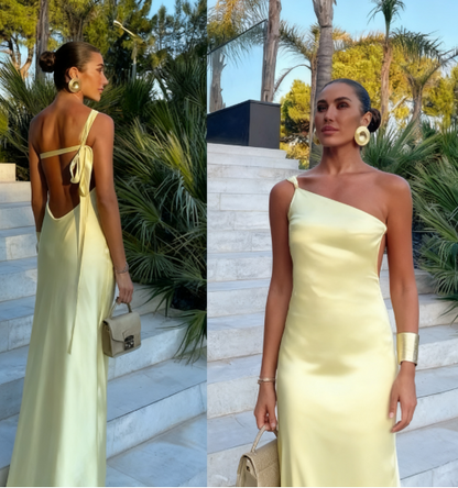 Sexy A line One Shoulder Yellow Backless Long Prom Dresses Formal Summer Wedding Guest Dresses Wedding Guest Outfit W0172