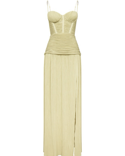 Schlichte A-Linie Spaghettiträger Grüne Ballkleider Formale Sommer Frühling Schlitz Hochzeitsgastkleider Hochzeitsgast-Outfit W0179