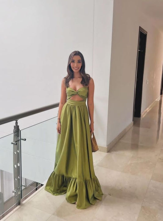 Bescheidene A-Linie Herzausschnitt Satin Grün Ballkleider Formale Sommer Frühling Hochzeitsgastkleider Hochzeitsgast-Outfit W0184