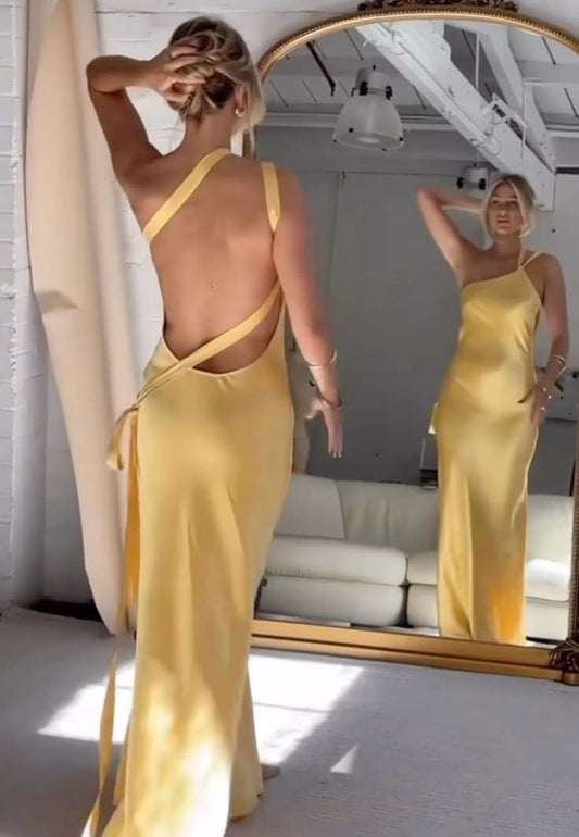 Sexy A-Linie One Shoulder Gelb Rückenfreies Langes Ballkleid Formale Sommerkleider für Hochzeitsgäste Hochzeitsgast-Outfit W0190