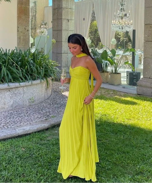 Bescheidene A-Linie Herzausschnitt Gelb Chiffon Ballkleider Formale Sommer Frühling Hochzeitsgastkleider Hochzeitsgast-Outfit W0192
