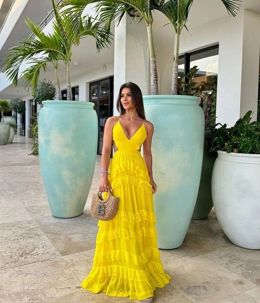 Schlichte A-Linie Spaghettiträger Gelb Chiffon Ballkleider Formale Sommer Frühling Hochzeitsgastkleider Hochzeitsgast-Outfit W0196