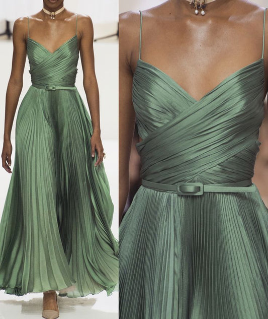 Schlichte A-Linie Spaghettiträger Grüne Ballkleider Formale Sommer Frühling Hochzeitsgastkleider Hochzeitsgast-Outfit W0200
