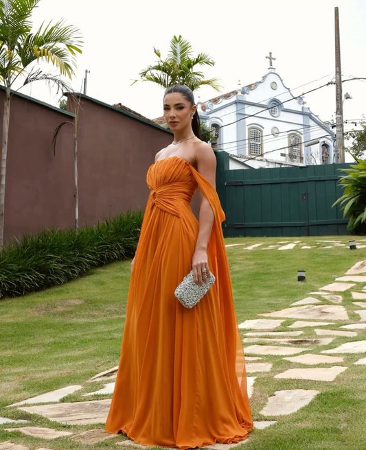 Bescheidene A-Linie Trägerloses Chiffon Orange Ballkleider Formale Sommer Frühling Hochzeitsgastkleider Hochzeitsgast-Outfit W0208