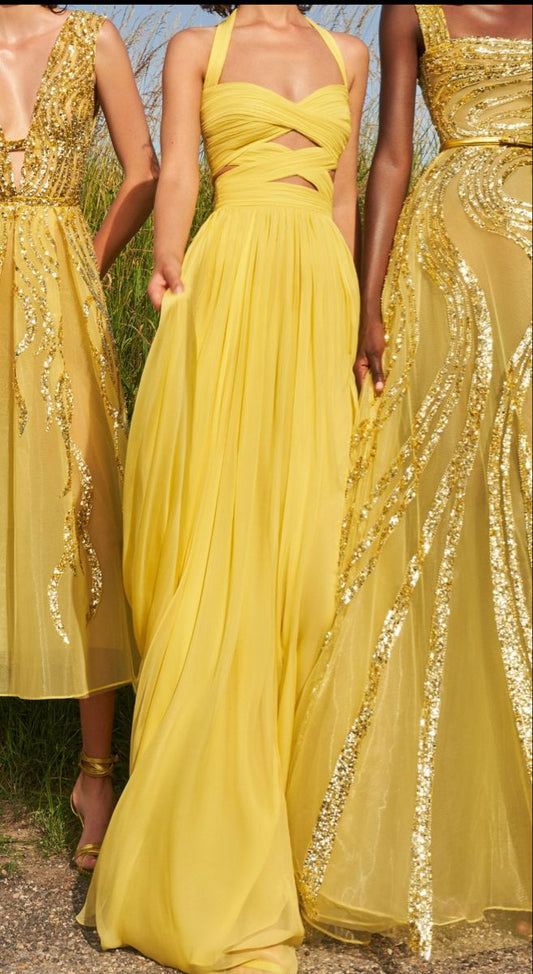 Bescheidene A-Linie Neckholder Chiffon Gelb Ballkleider Formale Sommer Frühling Hochzeitsgastkleider Hochzeitsgast-Outfit W0217