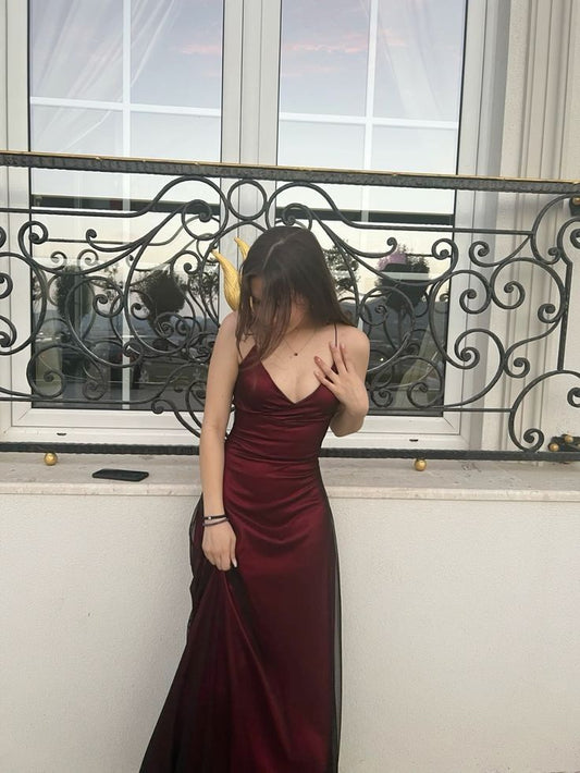Bescheidene Meerjungfrau Spaghettiträger Burgunderrot Schwarz Ballkleider Formale Sommer Frühling Hochzeitsgastkleider Hochzeitsgast-Outfit W0218